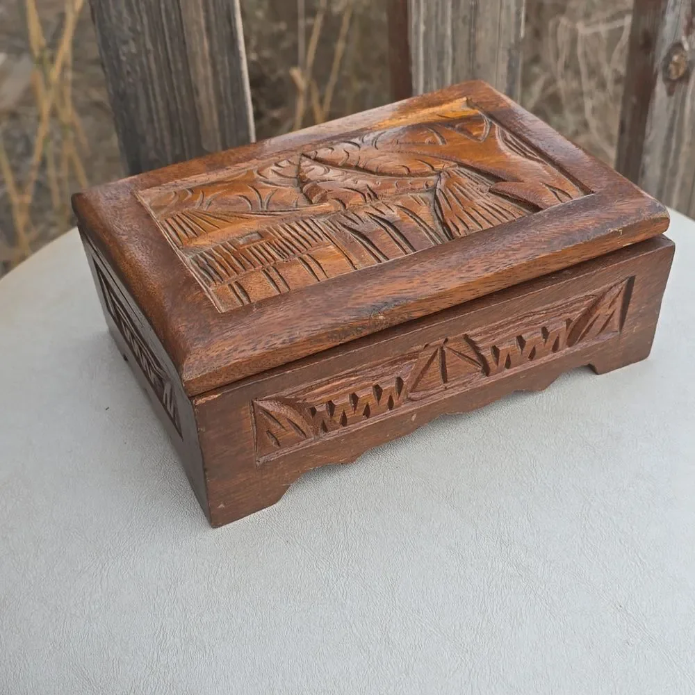 Vintage Hand Carved Wood Jewelry Box Mirror Red Velvet Lined Footed